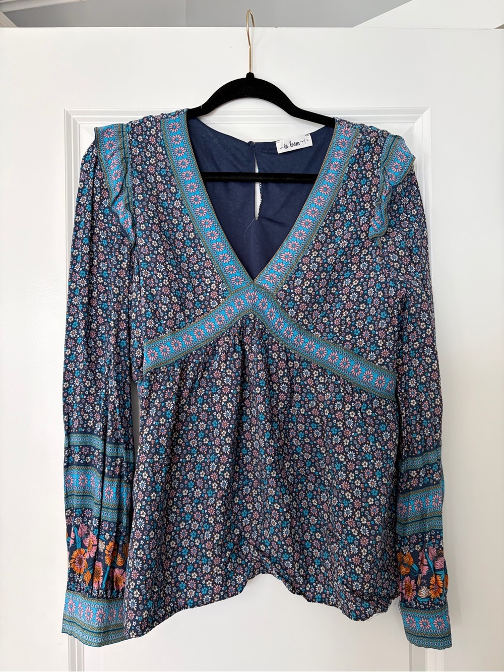 Anthropologie Navy Floral V-Neck Long Sleeve Blouse